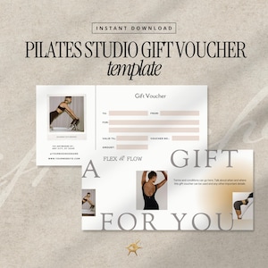 Puede incluir: Una plantilla de vale de regalo para un estudio de Pilates con un diseño minimalista. El vale presenta una foto de alguien haciendo Pilates, con las palabras "Gift Voucher" y "Flex & Flow" visibles. También se muestran las palabras "Instant Download" y "Pilates Studio Gift Voucher template".