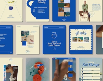 May include: A collection of digital marketing templates in a blue and cream color scheme. The templates include text such as "Jolly Beach Gathering", "How to Boost Your Social Media Presence", and "Gift Guide". The overall theme is coastal and lifestyle.