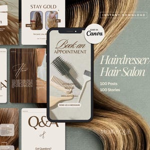 Puede incluir: Una plantilla de marketing digital para una peluquería, con un smartphone con "Book an Appointment" en la pantalla, peines y herramientas de peluquería. El diseño incluye varios ejemplos de publicaciones en redes sociales, con texto como "Hairdresser/Hair Salon" y "100 Posts 100 Stories".
