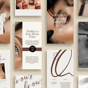 Op de afbeelding: Een verzameling social media graphics voor een wenkbrauw salon. De graphics bevatten afbeeldingen van wenkbrauwen, tekst over wenkbrauw diensten en een herinnering om aan te komen met schone, make-upvrije huid. De graphics zijn in een moderne, minimalistische stijl met een neutrale kleurenpalet.