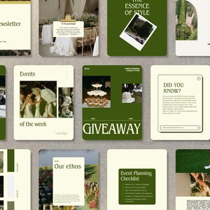 May include: A collection of social media posts for a wedding planning business. The posts feature images of wedding decor, flowers, and couples. The text on the posts includes the words "Events of the week", "Giveaway", "Our ethos", "Event Planning Checklist", and "Did you know?"