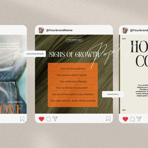 May include: Three Instagram posts with a green and brown background. The first post features a close-up of a pearl inside a shell. The second post has the text "SIGNS OF GROWTH" with a list of six signs of growth. The third post has the text "HOLISTIC COACH" and a description of a holistic coach.