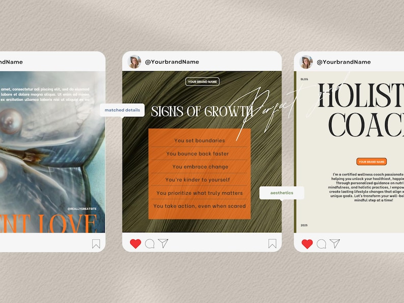May include: Three Instagram posts with a green and brown background. The first post features a close-up of a pearl inside a shell. The second post has the text "SIGNS OF GROWTH" with a list of six signs of growth. The third post has the text "HOLISTIC COACH" and a description of a holistic coach.