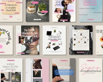 May include: A collection of digital marketing graphics with text and images. The graphics feature titles like "10 Minutes to a Complete Mood Shift" and "The IDGAF Mindset: It's Not What You Think". The color palette includes pink, beige, and black.