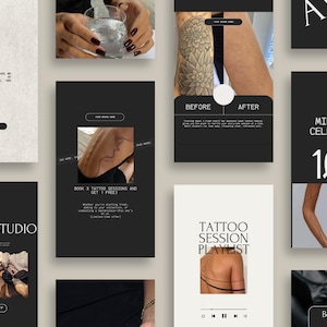 Peut inclure: Plusieurs publications sur les réseaux sociaux sur le thème d'un studio de tatouage. Les publications présentent des motifs de tatouage, des images avant/après et du texte promotionnel. La palette de couleurs est principalement noire, blanche et beige.