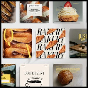 May include: A collage of images featuring various bakery items, including pastries, croissants, and coffee. The images are arranged in a grid pattern and feature a variety of colours and textures. The text "quote of the day" is featured in one of the images, with the quote "PIE: BECAUSE SOMETIMES, LIFE JUST NEEDS A LITTLE FILLING."