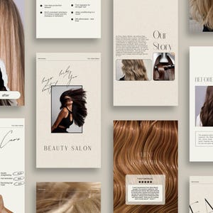Può includere: Un collage di materiali promozionali per un salone di bellezza. Le immagini includono trasformazioni dei capelli prima e dopo, consigli per la cura dei capelli e una testimonianza del cliente. La tavolozza dei colori è neutra con toni beige, marrone e nero. Il testo include "Beauty Salon" e "Hair Care".