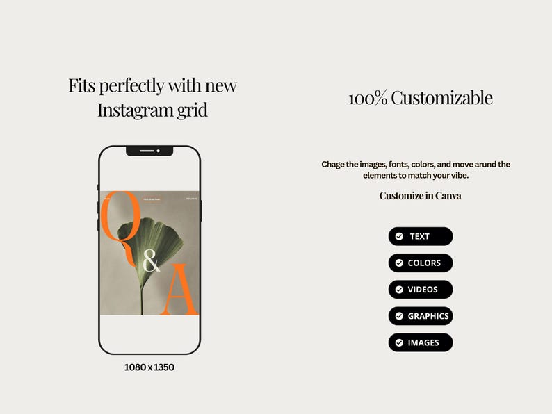 May include: A mobile phone screen displaying a graphic design template for Instagram. The template features a large orange "Q&A" with a green leaf in the background. The text "1080 x 1350" is below the phone.