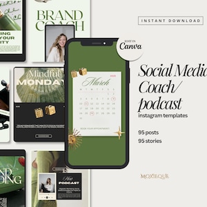 May include: A set of 95 Instagram templates for social media coaches and podcasters. The templates feature a green background with gold accents and text that says "Social Media Coach/Podcast" and "Instagram Templates".