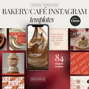 Może przedstawiać: Produkt cyfrowy zawierający 84 szablony Instagram dla piekarni i kawiarni. Projekt zawiera obrazy ciast, ciastek i kawy z nakładkami tekstowymi. Szablony są przeznaczone do edycji w Canva i są dostępne do natychmiastowego pobrania.
