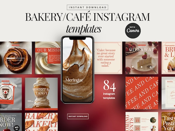 Bakery Cafe Instagram Templates: Pastry shop Social Media Bundle (Canva, Ediatble)