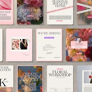 May include: A collection of pink and white floral-themed promotional materials. The designs include text such as "The Language of Flowers," "Inspiration," "Seasonal Bouquet Offer," and "We're Hiring." Some designs feature floral arrangements and photographs.