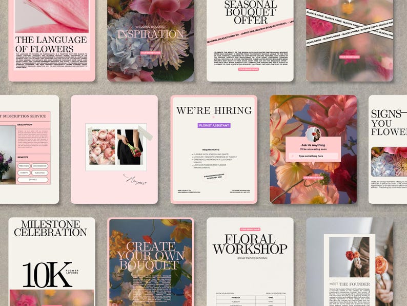 May include: A collection of pink and white floral-themed promotional materials. The designs include text such as "The Language of Flowers," "Inspiration," "Seasonal Bouquet Offer," and "We're Hiring." Some designs feature floral arrangements and photographs.