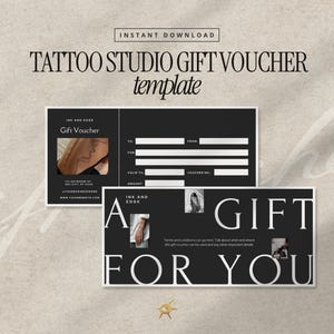 Puede incluir: Una plantilla de vale de regalo para estudio de tatuajes en blanco y negro. El diseño incluye el texto "TATTOO STUDIO GIFT VOUCHER" y "A GIFT FOR YOU". El vale tiene espacio para los detalles del destinatario y del vale.