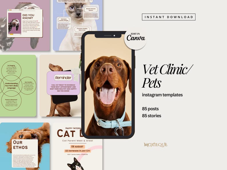 K&ouml;nnte beinhalten: Ein Satz von 85 Instagram-Vorlagen f&uuml;r eine Tierarztpraxis oder ein Tiergesch&auml;ft. Die Vorlagen zeigen verschiedene Bilder von Hunden und Katzen sowie Text, der einfach zu bearbeiten ist. Die Vorlagen sollen Ihnen helfen, Ihr Gesch&auml;ft zu bewerben und mit Ihren Kunden in Kontakt zu treten.