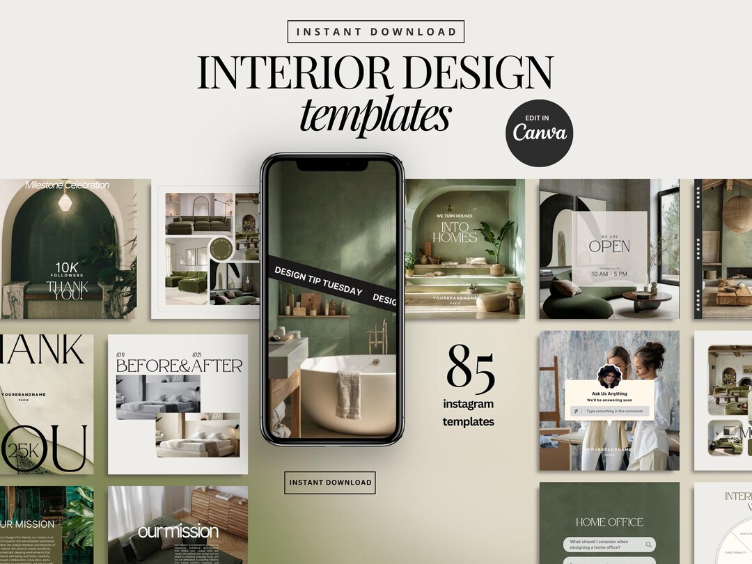 Interior Design Instagram Templates: Green Home Decor Social Media Pack ...
