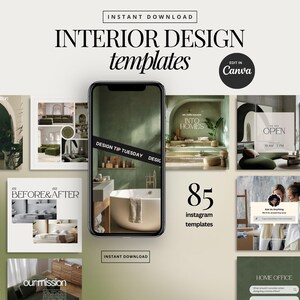 May include: An advertisement for interior design templates. The image features a smartphone displaying a bathroom design, surrounded by various Instagram templates. Text includes "Interior Design Templates," "85 Instagram Templates," and "Design Tip Tuesday."