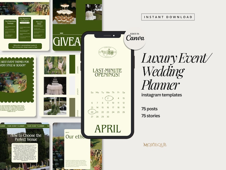 May include: A digital planner for luxury events and weddings with a green and white colour scheme. The planner includes 75 Instagram posts and 75 Instagram stories. The planner is editable in Canva. The text on the planner says "Luxury Event/Wedding Planner" and "Last-Minute Openings!"