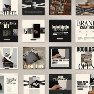 Puede incluir: Una colecci&oacute;n de gr&aacute;ficos cuadrados para redes sociales de estilo minimalista. Cada gr&aacute;fico presenta una combinaci&oacute;n de colores negro y crema con texto como "Aesthetic", "Marketing 101" y "Social Media Branding". Algunos incluyen im&aacute;genes.
