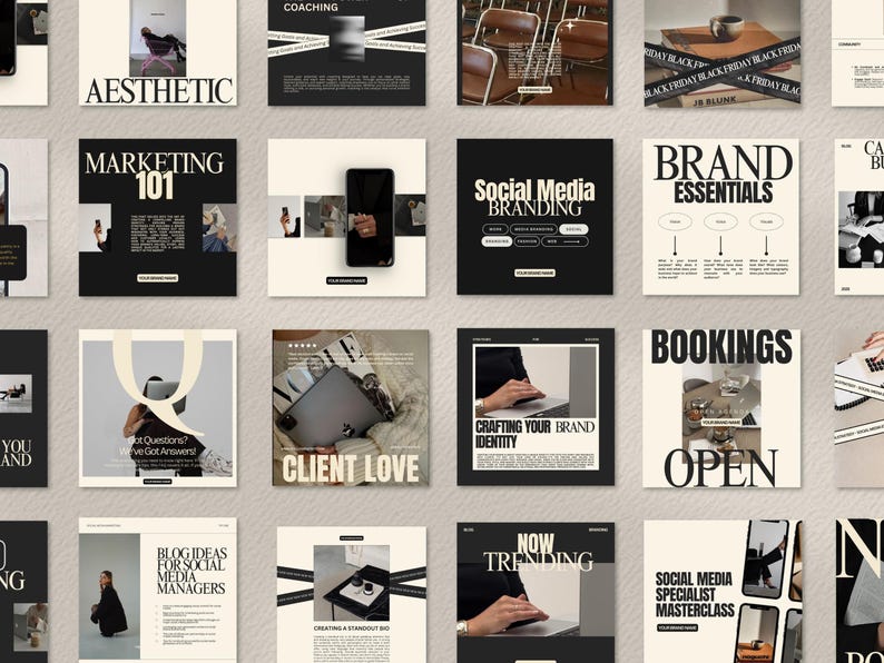 Puede incluir: Una colecci&oacute;n de gr&aacute;ficos cuadrados para redes sociales de estilo minimalista. Cada gr&aacute;fico presenta una combinaci&oacute;n de colores negro y crema con texto como "Aesthetic", "Marketing 101" y "Social Media Branding". Algunos incluyen im&aacute;genes.