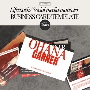 Modello di biglietto da visita per social media manager, modello di cartellino rosso, biglietto da visita stampabile, biglietto da visita modificabile per coach, modello minimalista SMM Canva