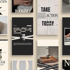 Puede incluir: Un collage de materiales de marketing digital y branding. La imagen presenta varios dise&ntilde;os con texto como "10K Followers", "Booking", "Take Action Today" y "Crafting Your Brand Identity". La paleta de colores es neutra con tonos negros y beige.