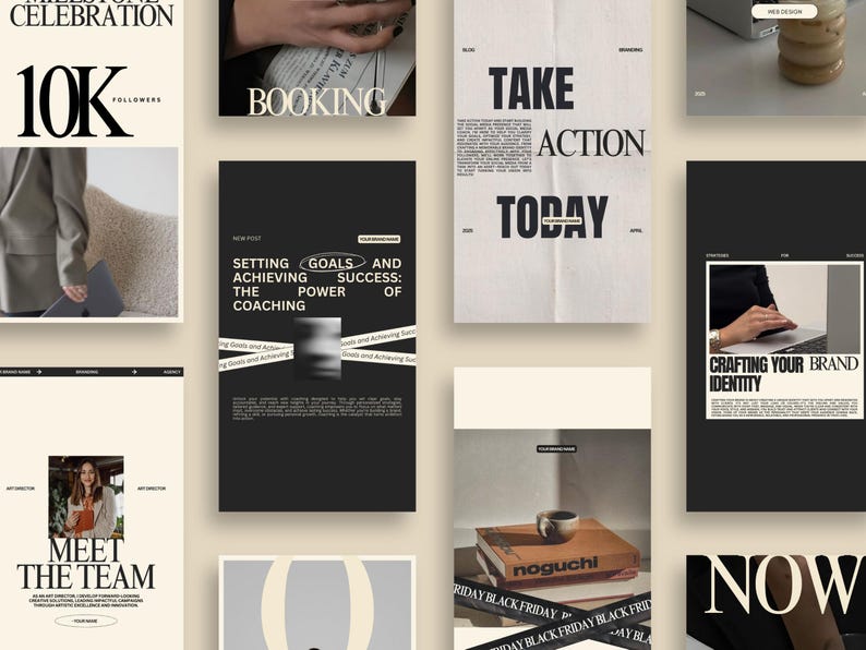Puede incluir: Un collage de materiales de marketing digital y branding. La imagen presenta varios dise&ntilde;os con texto como "10K Followers", "Booking", "Take Action Today" y "Crafting Your Brand Identity". La paleta de colores es neutra con tonos negros y beige.