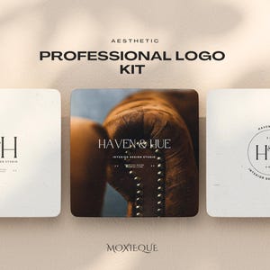 May include: Three logo mockups for an interior design studio called Haven & Hue. The logos feature a minimalist design with the initials "H&H" in black and white. The first logo is a simple text-based design. The second logo is a circular design with the initials "H&H" inside a circle. The third logo is a text-based design with the full name "Haven & Hue" in black and white.