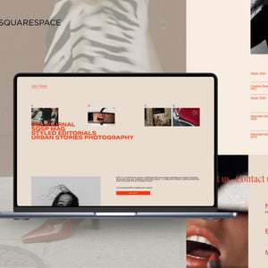 May include: A laptop displaying a Squarespace website with the text "SQSP MAG STYLED EDITORIALS URBAN STORIES PHOTOGRAPHY." The website features images and a contact form. The Squarespace logo is visible.