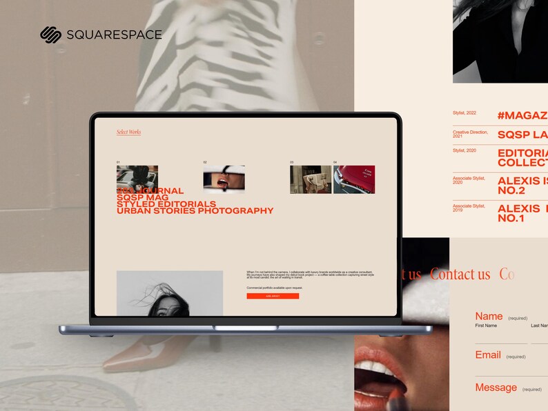 May include: A laptop displaying a Squarespace website with the text "SQSP MAG STYLED EDITORIALS URBAN STORIES PHOTOGRAPHY." The website features images and a contact form. The Squarespace logo is visible.
