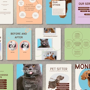 Puede incluir: Una colección de gráficos de historias de Instagram para un negocio de cuidado de mascotas. Los gráficos presentan fotos de perros y gatos, texto sobre los servicios del negocio y una llamada a la acción para reservar ahora.