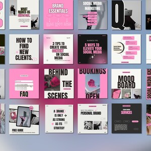 May include: A collage of 16 pink and black Instagram post templates with text about social media marketing, branding, and business tips. The text includes phrases like "Brand Essentials", "How to Find New Clients", "Behind the Scenes", "Mood Board", and "Social Media Icks".