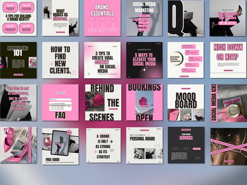 May include: A collage of 16 pink and black Instagram post templates with text about social media marketing, branding, and business tips. The text includes phrases like "Brand Essentials", "How to Find New Clients", "Behind the Scenes", "Mood Board", and "Social Media Icks".