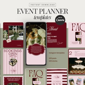 May include: An event planner template set with a variety of designs in burgundy, pink, and green. The templates include Instagram posts and stories, with the text "EVENT PLANNER templates" and "INSTANT DOWNLOAD". The image also shows a smartphone with a wedding photo.