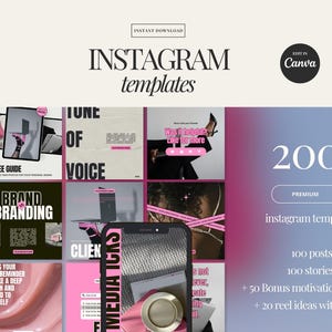 May include: A collage of Instagram templates for social media marketing. The templates feature a variety of designs, including text overlays, images, and graphics. The text on the image reads "200 premium Instagram templates, 100 posts, 100 stories, +50 bonus motivational quotes, +20 reel ideas with hooks".