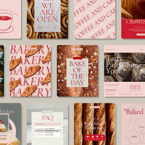 May include: A collection of pink and red bakery-themed social media graphics. The graphics feature images of croissants, bread, and coffee, with text overlays such as "We Are Open," "Bake of the Day," and "Tasty Pastry For You!"