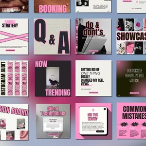 May include: A collage of 12 pink and black Instagram post templates with text overlays. The text includes "Brand Strategy", "Booking", "Q&A", "Do & Don'ts", "Showcase", "Now Trending", "Getting Rid of One Thing Totally Changed My Reel Views", "Debunking Social Media Myths", "Vision Board", "Client Testimonials", "Did You Know?", and "Common Mistakes".