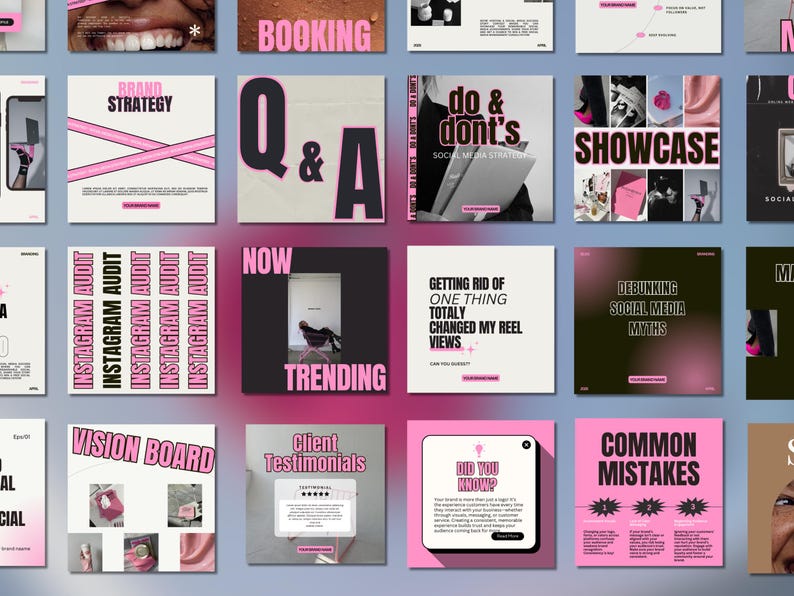 May include: A collage of 12 pink and black Instagram post templates with text overlays. The text includes "Brand Strategy", "Booking", "Q&A", "Do & Don'ts", "Showcase", "Now Trending", "Getting Rid of One Thing Totally Changed My Reel Views", "Debunking Social Media Myths", "Vision Board", "Client Testimonials", "Did You Know?", and "Common Mistakes".