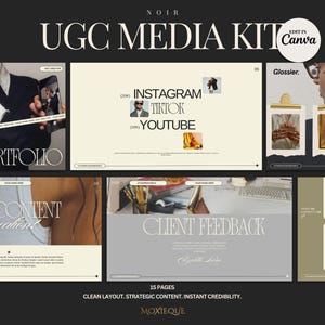 May include: A media kit template with a black and white color scheme. The template is designed for use on social media platforms such as Instagram, TikTok, and YouTube. The template includes a portfolio section, a client feedback section, and a section for content creation. The template is designed to be used by businesses and individuals who are looking to create a professional and engaging online presence.