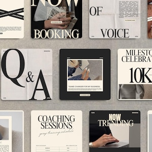 Puede incluir: Una colecci&oacute;n de gr&aacute;ficos cuadrados para redes sociales en una paleta de colores neutros. Los gr&aacute;ficos presentan texto como "BOOKING", "Q&A", "VOICE" y "COACHING SESSIONS". Algunos incluyen im&aacute;genes y frases como "GAME-CHANGER FOR MY BUSINESS" y "10K FOLLOWERS".