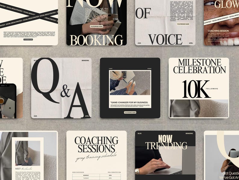 Puede incluir: Una colecci&oacute;n de gr&aacute;ficos cuadrados para redes sociales en una paleta de colores neutros. Los gr&aacute;ficos presentan texto como "BOOKING", "Q&A", "VOICE" y "COACHING SESSIONS". Algunos incluyen im&aacute;genes y frases como "GAME-CHANGER FOR MY BUSINESS" y "10K FOLLOWERS".