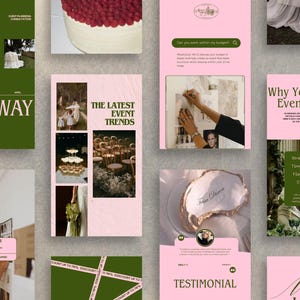 Plantillas para publicaciones de Instagram para organizadores de eventos, publicaciones en redes sociales para organizadores de eventos en rosa y verde, elegantes publicaciones de Instagram para organizadores de bodas, paquete de Instagram para fiestas de lujo