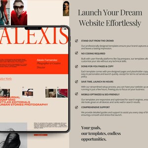 May include: A digital tablet displays a website design with the name "ALEXIS" in large orange letters. The website promotes templates for Squarespace, with text that reads "Launch Your Dream Website Effortlessly."