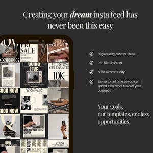 Puede incluir: Una pantalla de tel&eacute;fono inteligente muestra plantillas de publicaciones de Instagram en blanco, negro y beige. El texto incluye "SALE", "10K" y "BOOK NOW". El fondo es gris oscuro con el texto: "Crear tu feed de Instagram de ensue&ntilde;o nunca ha sido tan f&aacute;cil."