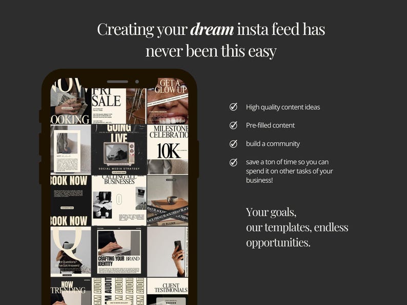 Puede incluir: Una pantalla de tel&eacute;fono inteligente muestra plantillas de publicaciones de Instagram en blanco, negro y beige. El texto incluye "SALE", "10K" y "BOOK NOW". El fondo es gris oscuro con el texto: "Crear tu feed de Instagram de ensue&ntilde;o nunca ha sido tan f&aacute;cil."