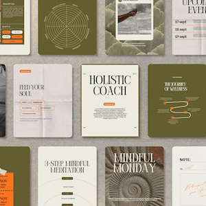 May include: A collection of digital marketing graphics for a holistic health coach. The graphics feature a variety of designs, including a spiral, a compass, and a journey map. The graphics are in a minimalist style with a neutral color palette.