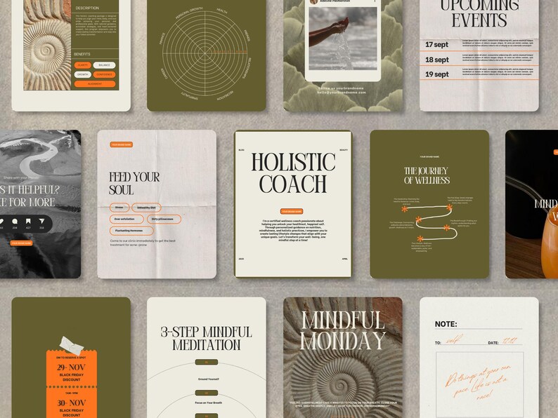 May include: A collection of digital marketing graphics for a holistic health coach. The graphics feature a variety of designs, including a spiral, a compass, and a journey map. The graphics are in a minimalist style with a neutral color palette.