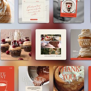 Pu&ograve; includere: Una raccolta di immagini quadrate con prodotti da forno e testo. Un'immagine mostra un dessert alla meringa, un'altra mostra cupcakes con ciliegie e una terza dice "December Mood". Altre immagini includono testo come "Coffee Event" e "Sweet & Tangy".