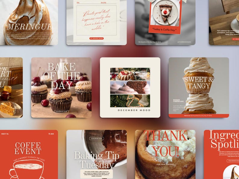 Pu&ograve; includere: Una raccolta di immagini quadrate con prodotti da forno e testo. Un'immagine mostra un dessert alla meringa, un'altra mostra cupcakes con ciliegie e una terza dice "December Mood". Altre immagini includono testo come "Coffee Event" e "Sweet & Tangy".