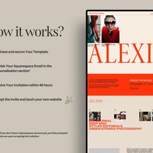 May include: A website design displayed on a tablet, featuring the name "ALEXIS" in large orange letters. The design includes images, text, and a section titled "How it works?" with numbered steps. The website is for Alexis Fernandez, a photographer and creative director.